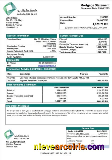Iran Karafarin Bank mortgage statement Word and PDF template